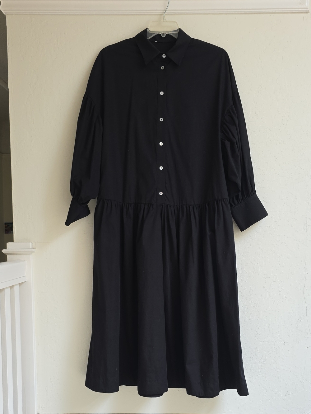 MARELLA Black Button-Front Midi Dropped Waisted dress with Puff Sleeves